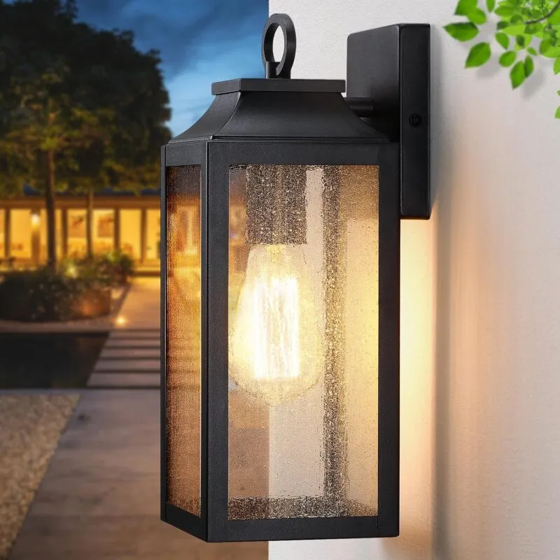 BD059-1 B04050P Outdooor Wall Light Fixture,12.63" Porch Exterior Wall Lantern Lighting,Black Industrial Sconce with Seeded Glass Shade for Doorway,Garage,Yard,Patio