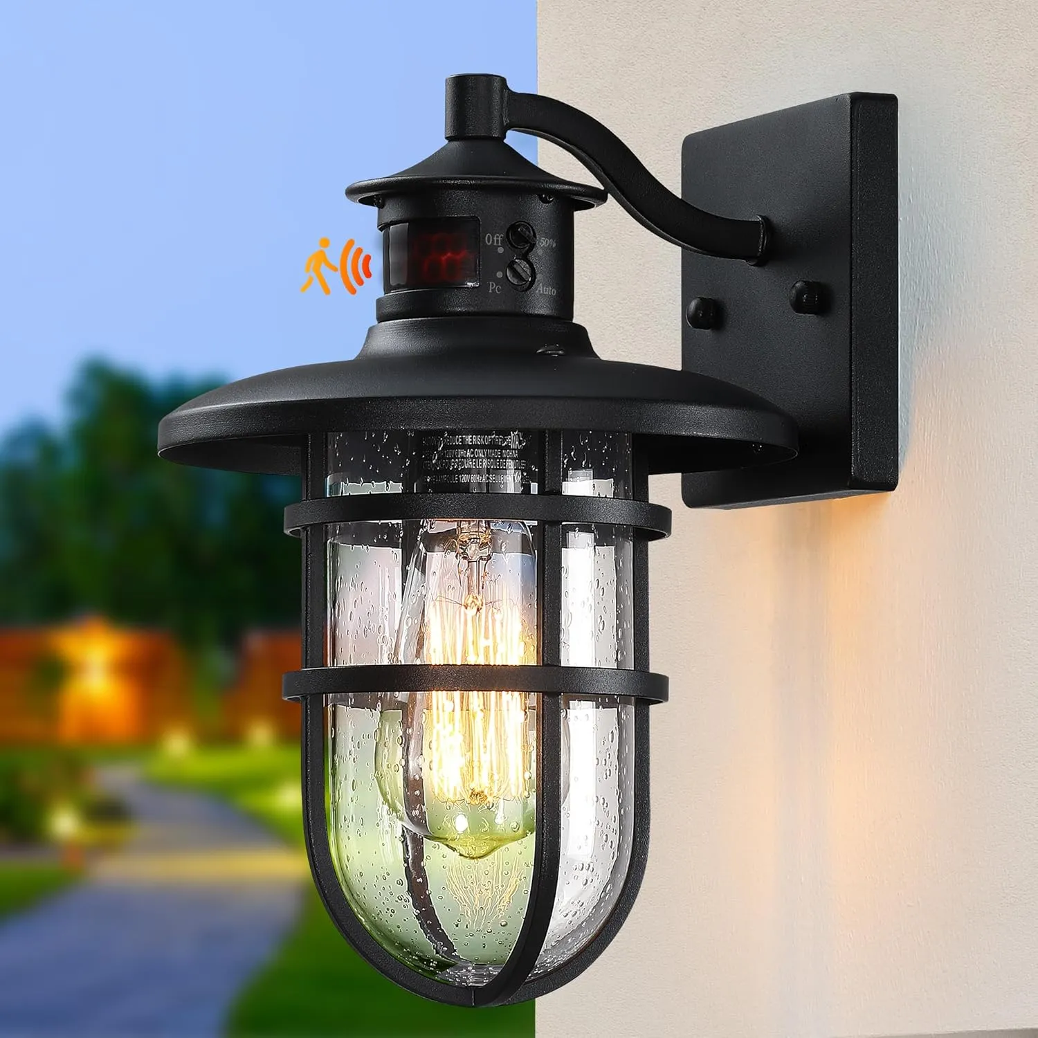 HWBD007-1 B07058PG 2 Pack Outdoor Wall Sconce with Motion Sensor,Outside Dusk to Dawn Exterior Wall Mount,Industrial Anti-Rust Lantern Wall Lamp for Porch,Doorway,Garage,Yard,Patio - Image 3