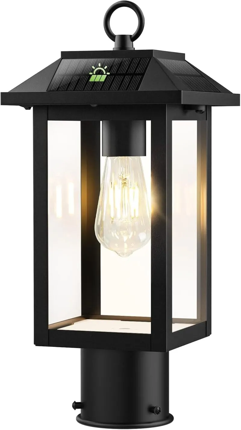 S0L-02-1P Z06162PT Solar Post Lights, Dusk to Dawn Solar Lamp Post Light with Pier Mount Base, 2700K Post Lights Outdoor Waterproof, Vintage Street Lights for Lawn Garden Yard Pole Pillar (E26 Bulbs Included)