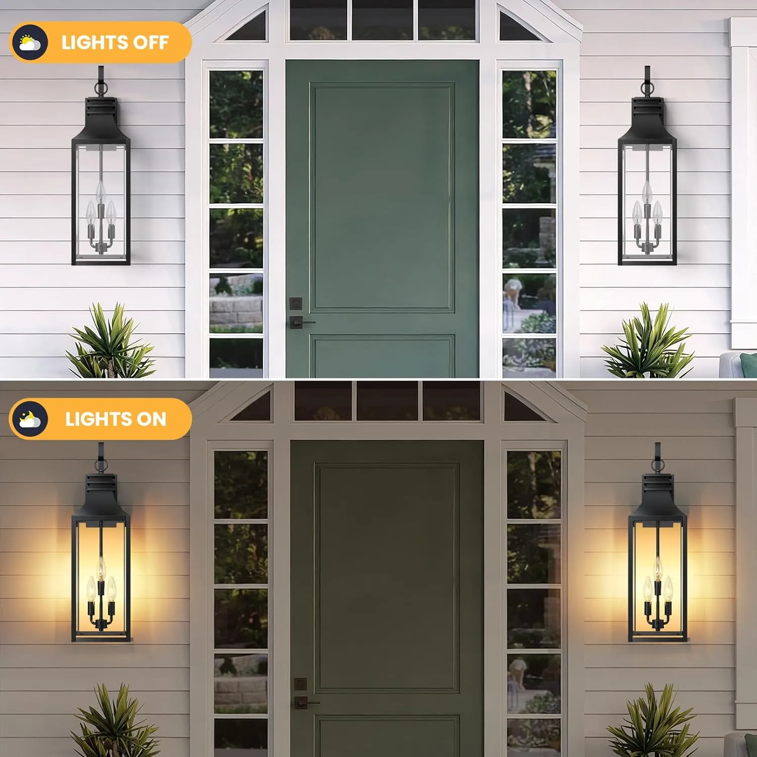 B0920-BIG-2P-BUS B08056P 28" Large Outdoor Wall Lights 2 Pack, 3-Light Black Exterior Sconces with Clear Glass, Extra Tall Waterproof Porch Lanterns, Aluminum Alloy Fixtures for Front Door Garage, E12 Socket - Image 9