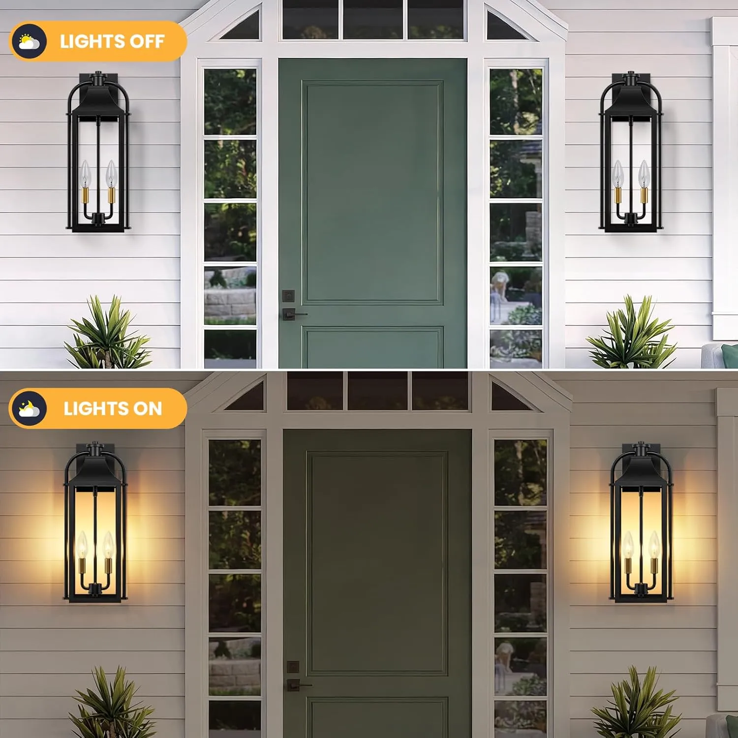 B06165P-M-2PUS B08053P 22" Large Outdoor Wall Lights, 2-Pack Black Porch Lights with Clear Glass, Waterproof Exterior Lighting Fixtures, E12 Socket Modern Farmhouse Wall Sconces Lantern for House Garage, Aluminum Frame - Image 2