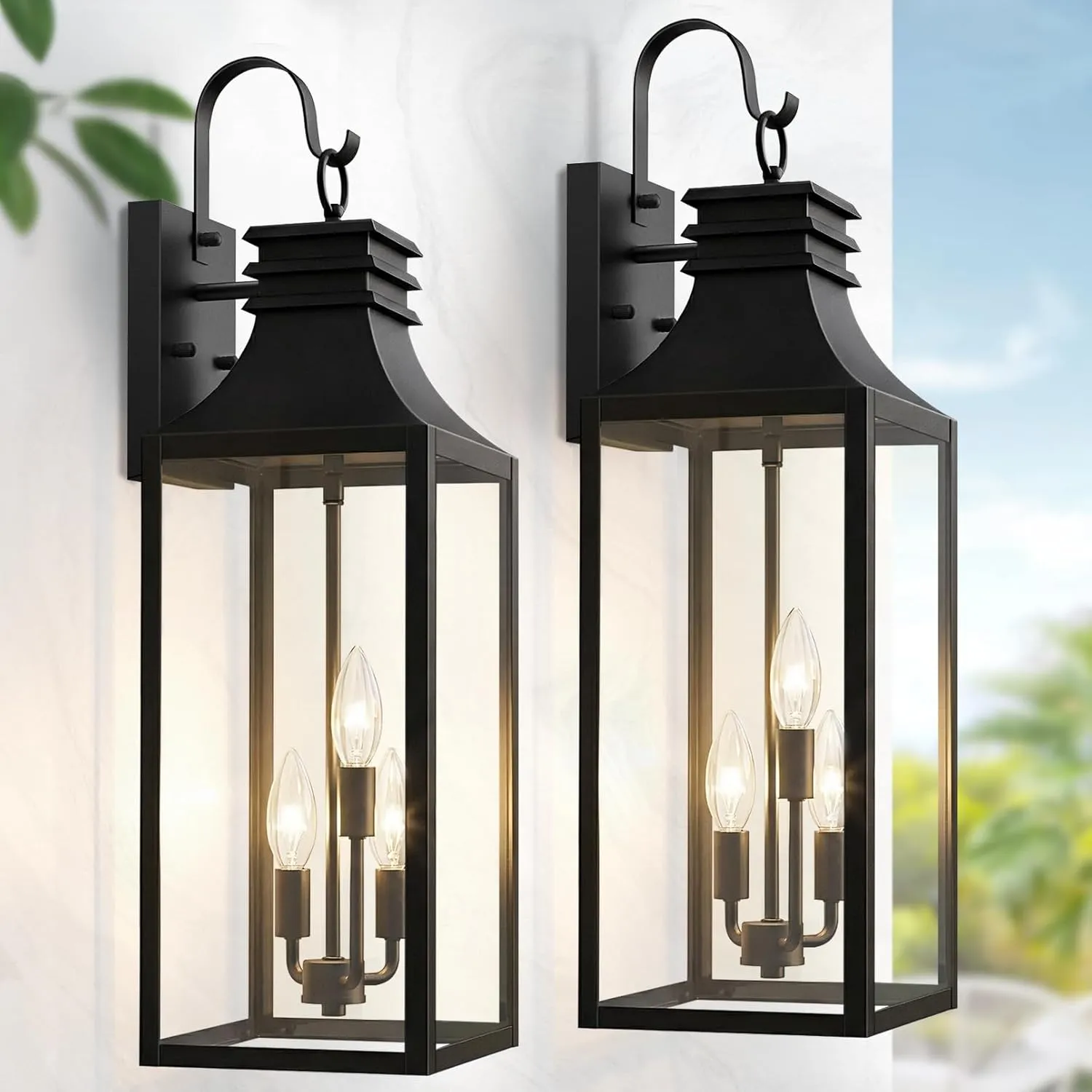 B0920-BIG-2P-BUS B08056P 28" Large Outdoor Wall Lights 2 Pack, 3-Light Black Exterior Sconces with Clear Glass, Extra Tall Waterproof Porch Lanterns, Aluminum Alloy Fixtures for Front Door Garage, E12 Socket - Image 7