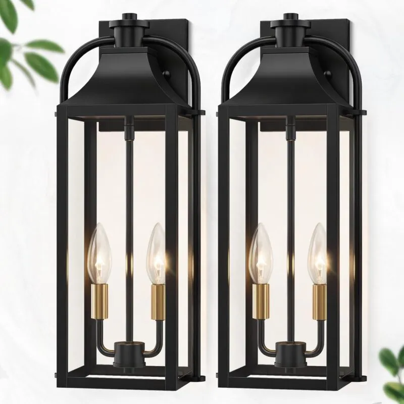 B06165P-M-2PUS B08053P 22" Large Outdoor Wall Lights, 2-Pack Black Porch Lights with Clear Glass, Waterproof Exterior Lighting Fixtures, E12 Socket Modern Farmhouse Wall Sconces Lantern for House Garage, Aluminum Frame