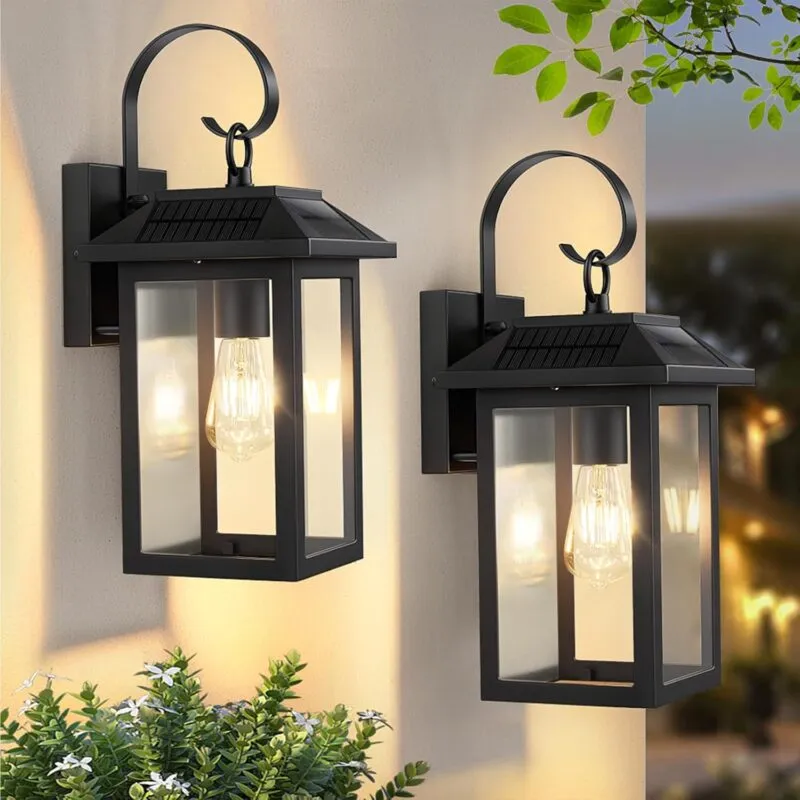 S0L-01-2P B06162PT 2 Pack Solar Outdoor Wall Lights, Dusk to Dawn Motion Sensor LED Sconce for Fence Front Door Waterproof, Exterior Porch Lamps Lanterns Wall Mount Patio Decorative, 2700K E26 Bulb Included