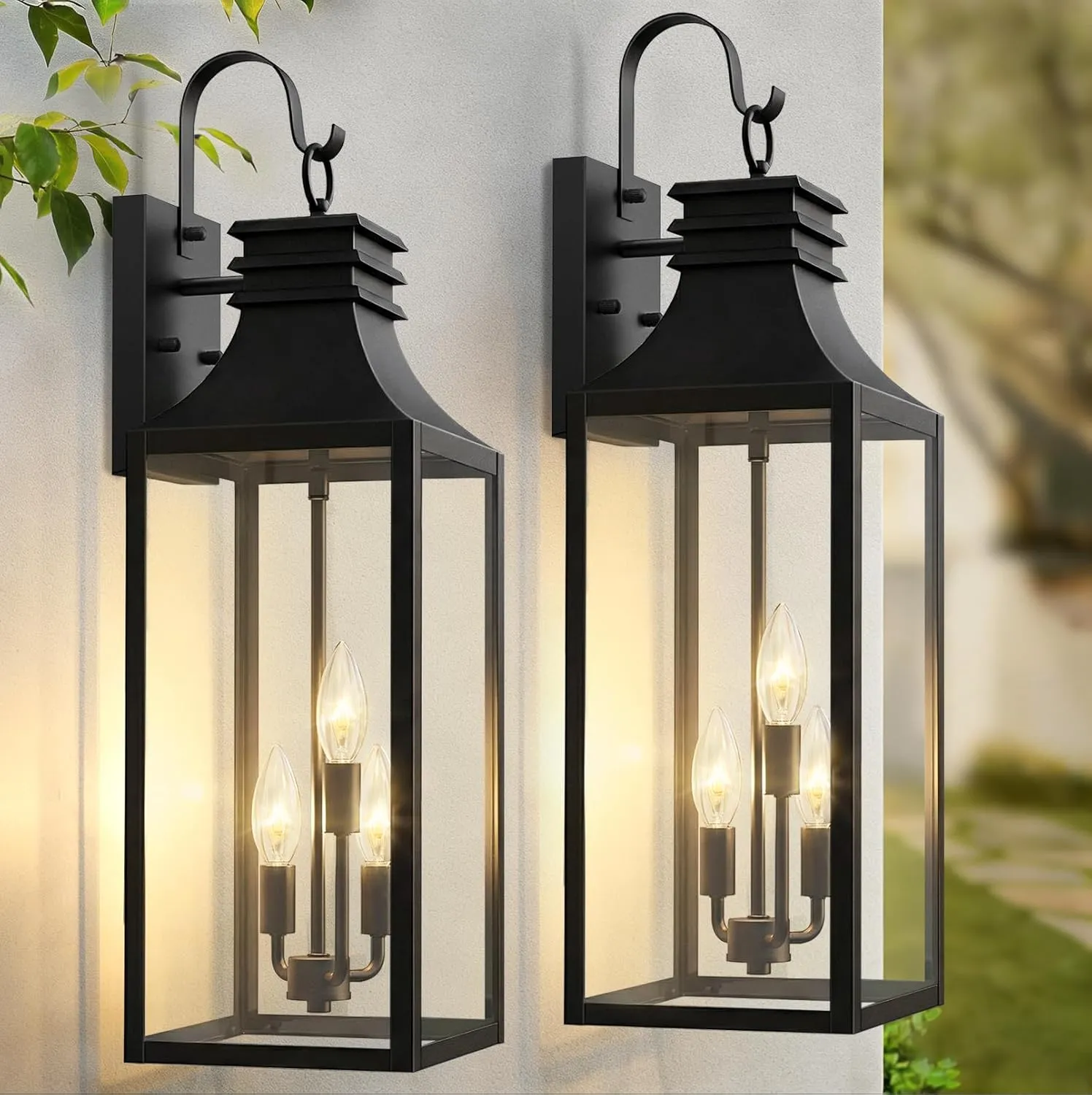 B0920-BIG-2P-BUS B08056P 28" Large Outdoor Wall Lights 2 Pack, 3-Light Black Exterior Sconces with Clear Glass, Extra Tall Waterproof Porch Lanterns, Aluminum Alloy Fixtures for Front Door Garage, E12 Socket