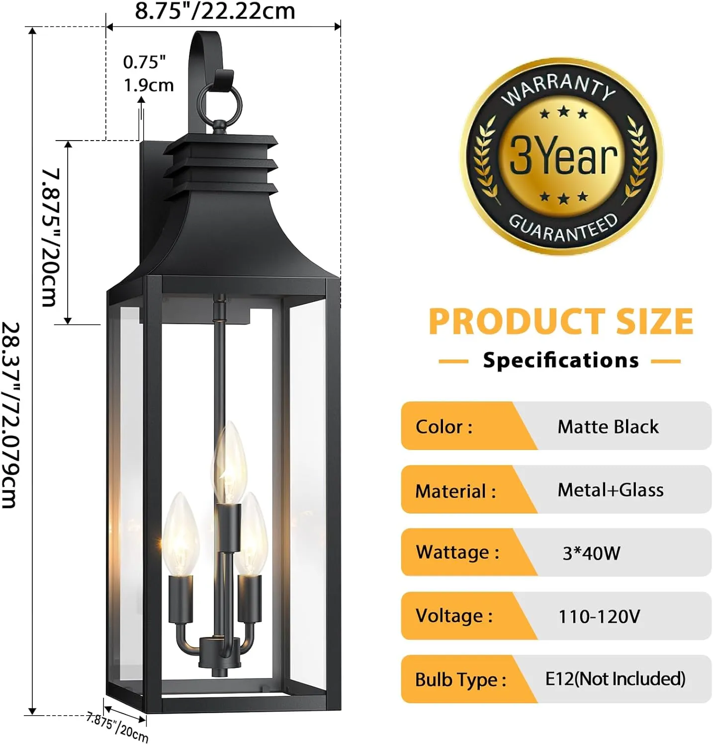 B0920-BIG-2P-BUS B08056P 28" Large Outdoor Wall Lights 2 Pack, 3-Light Black Exterior Sconces with Clear Glass, Extra Tall Waterproof Porch Lanterns, Aluminum Alloy Fixtures for Front Door Garage, E12 Socket - Image 4