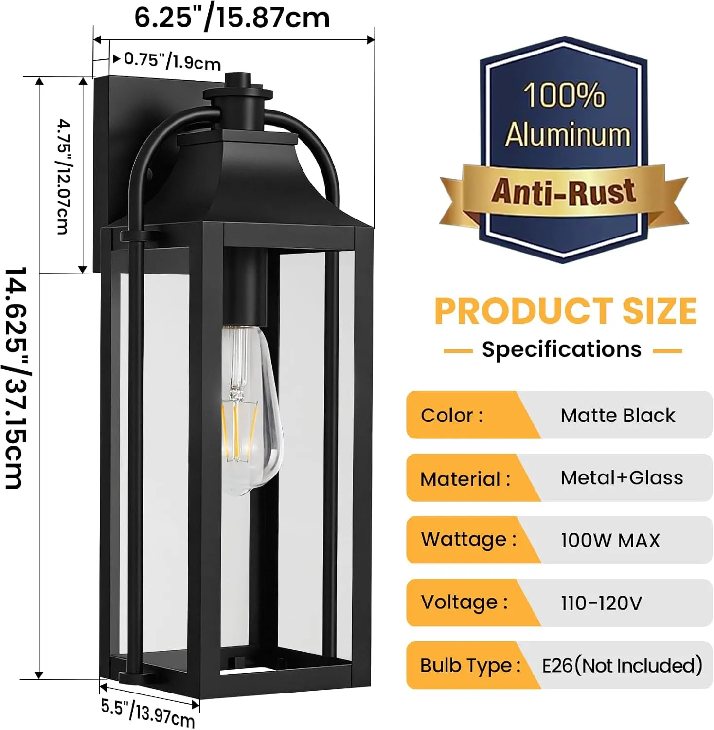 B06165P-S-2PUS B06165P 2 Packs Outdoor Wall Lights - 15" Outdoor Wall Sconces Set of Two, Black Modern Waterproof Exterior Lighting Fixtures, Front Porch Lantern Outside for House Patio Garage (Bulbs Not Included) - Image 5