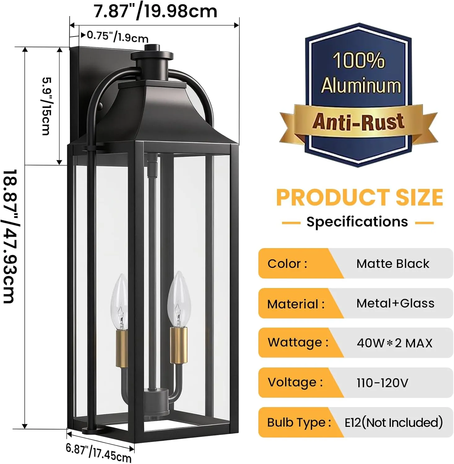 B06165P-M-2PUS B08053P 22" Large Outdoor Wall Lights, 2-Pack Black Porch Lights with Clear Glass, Waterproof Exterior Lighting Fixtures, E12 Socket Modern Farmhouse Wall Sconces Lantern for House Garage, Aluminum Frame - Image 3