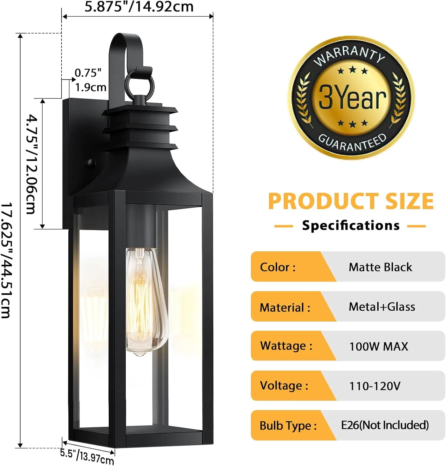 B0920-S-2P-BUS B05101P 18" Outdoor Wall Lights 2-Pack, Black Modern Exterior Sconces with Clear Glass, Waterproof Aluminum Porch Lighting Fixtures, E26 Medium Base Lantern for House Garage Patio Front Decor - Image 5