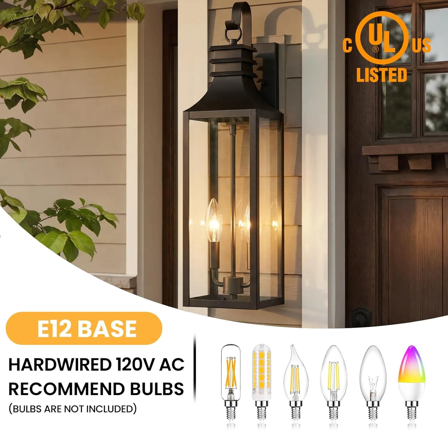 B0920-M-2P-BUS B06166P 22" Large Outdoor Wall Lights, 2-Pack Black Porch Lights with Clear Glass, Waterproof Exterior Lighting Fixtures, E12 Socket Modern Farmhouse Wall Sconces Lantern for House Garage, Aluminum Frame - Image 3