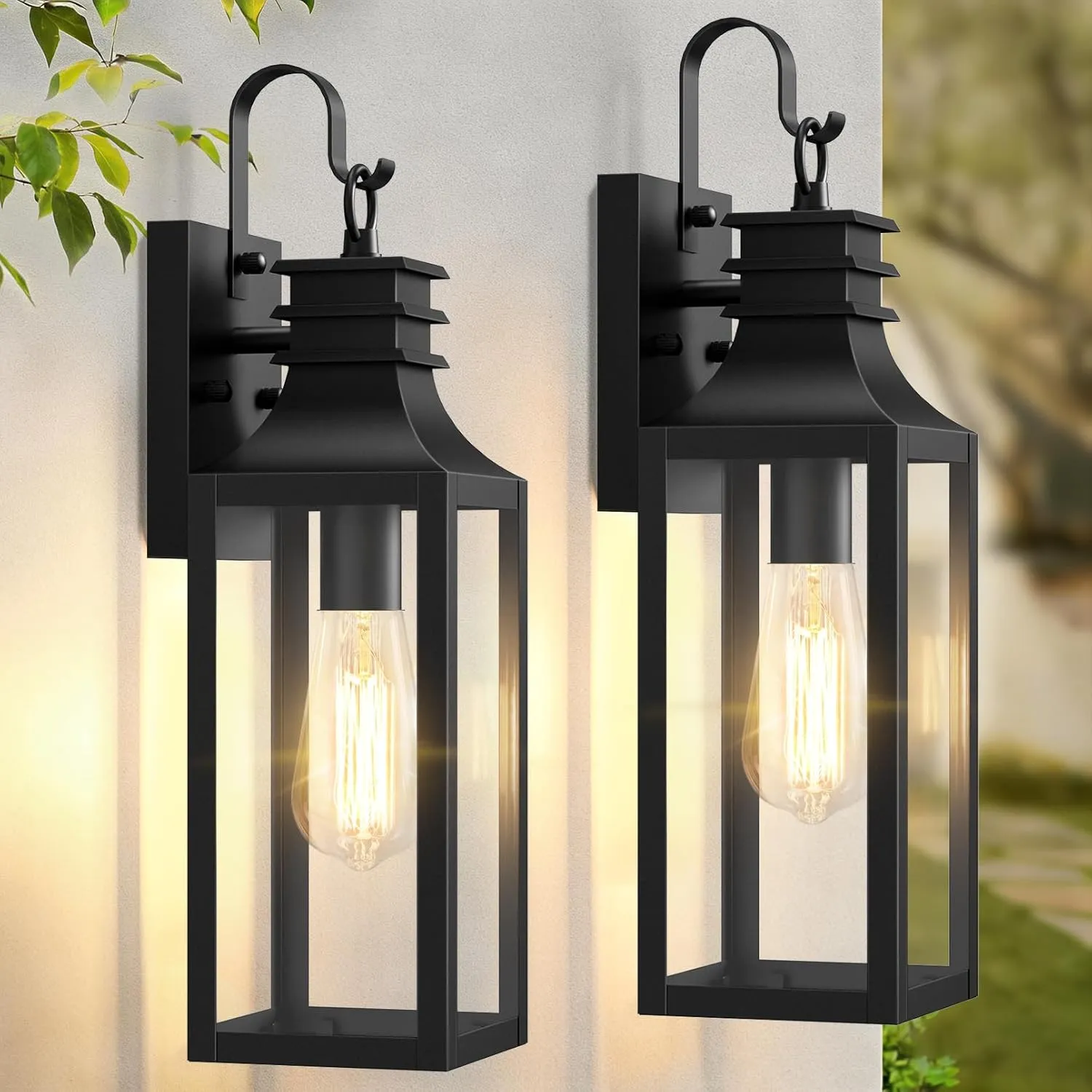 B0920-S-2P-BUS B05101P 18" Outdoor Wall Lights 2-Pack, Black Modern Exterior Sconces with Clear Glass, Waterproof Aluminum Porch Lighting Fixtures, E26 Medium Base Lantern for House Garage Patio Front Decor