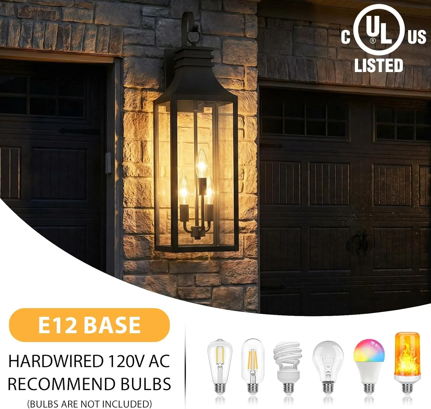 B0920-BIG-2P-BUS B08056P 28" Large Outdoor Wall Lights 2 Pack, 3-Light Black Exterior Sconces with Clear Glass, Extra Tall Waterproof Porch Lanterns, Aluminum Alloy Fixtures for Front Door Garage, E12 Socket - Image 3
