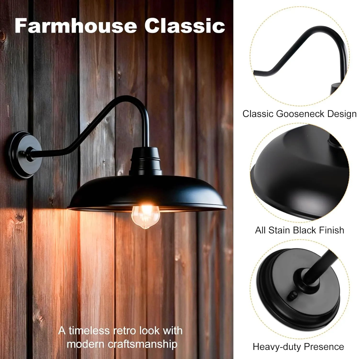 B12027P 2 Packs Farmhouse Barn Gooseneck Light Fixture, 12inch Outdoor Barn Lights for House, Black Exterior Wall Mount Lighting, Waterproof Industrial Porch Sconces for Garage Front Door Patio Shed - Image 4
