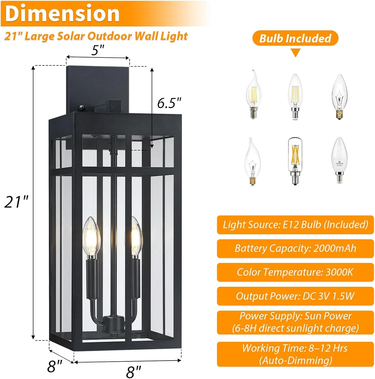 B08059PT 2 Pack Solar Outdoor Wall Lights, 21" Large Dusk to Dawn Exterior Lighting Fixtures, Black Porch Light Lantern Wall Mount, Waterproof Modern Outside Light, Solar Powered for House Patio Garage - Image 5