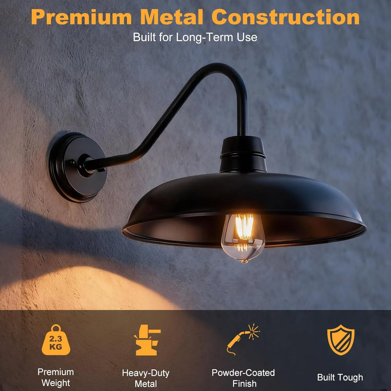 B12027P 2 Packs Farmhouse Barn Gooseneck Light Fixture, 12inch Outdoor Barn Lights for House, Black Exterior Wall Mount Lighting, Waterproof Industrial Porch Sconces for Garage Front Door Patio Shed - Image 2