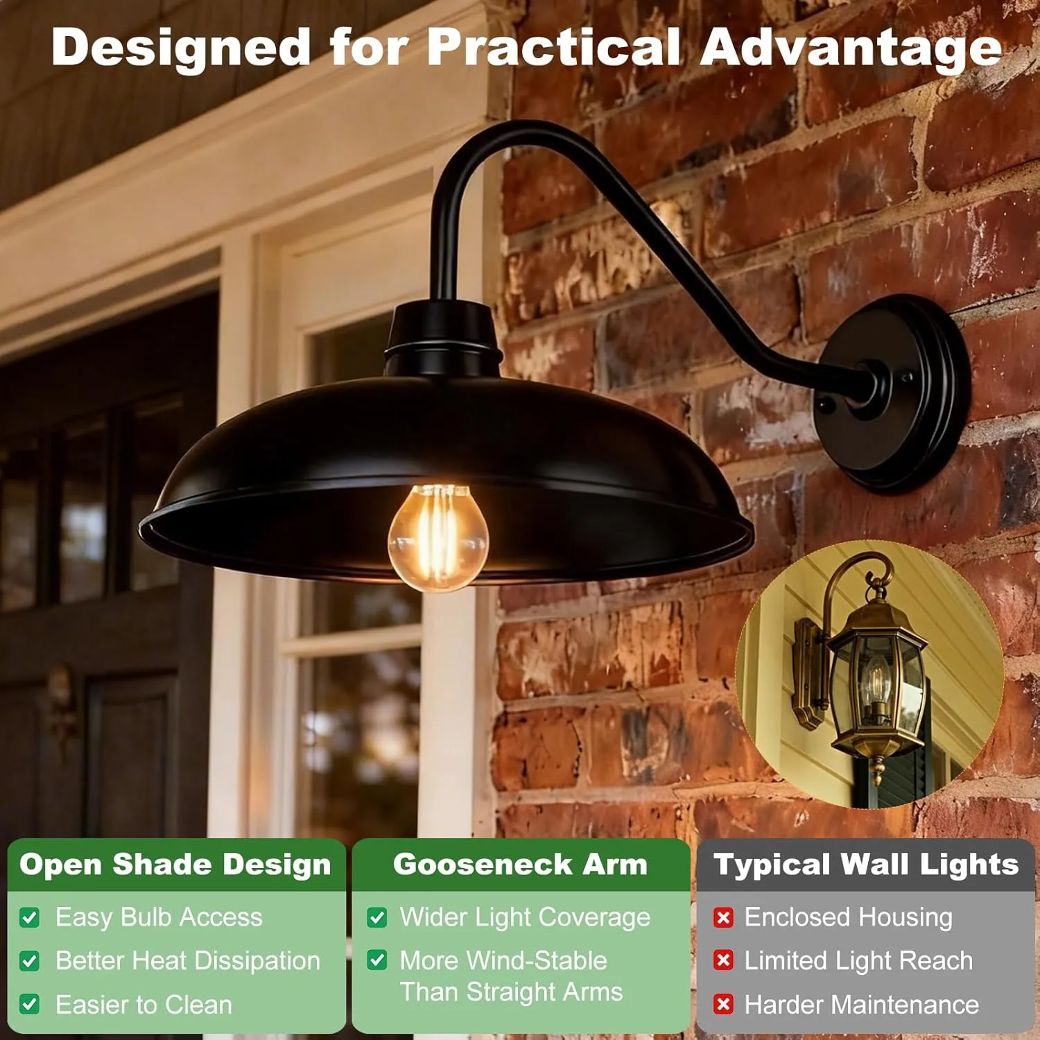 B12027P 2 Packs Farmhouse Barn Gooseneck Light Fixture, 12inch Outdoor Barn Lights for House, Black Exterior Wall Mount Lighting, Waterproof Industrial Porch Sconces for Garage Front Door Patio Shed - Image 3