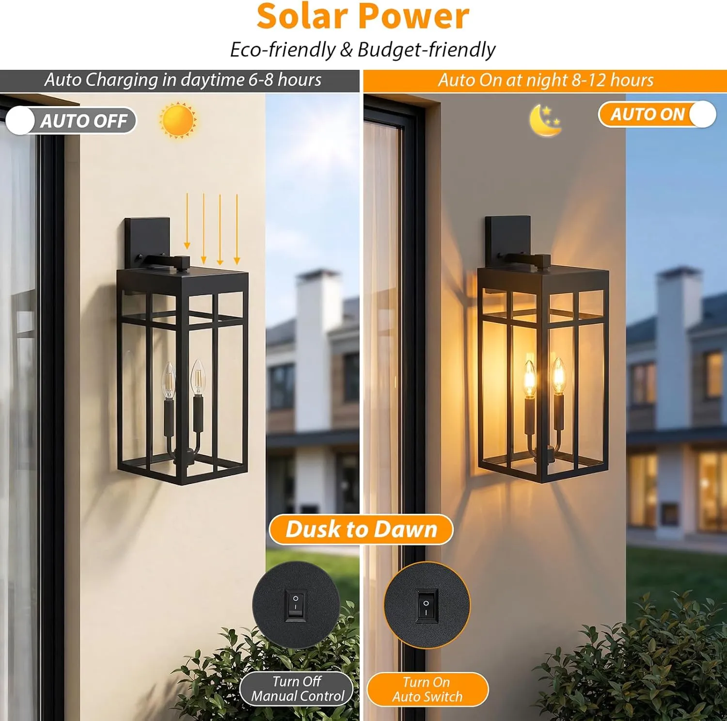 B08059PT 2 Pack Solar Outdoor Wall Lights, 21" Large Dusk to Dawn Exterior Lighting Fixtures, Black Porch Light Lantern Wall Mount, Waterproof Modern Outside Light, Solar Powered for House Patio Garage - Image 4