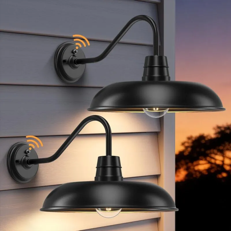 B12027P Dusk to Dawn Outdoor Gooseneck Barn Light, 12 Inch 2-Pack Farmhouse Porch Lights, Vintage Black Anti-Rust Lantern with E26 Base for Porch Side Door Fence