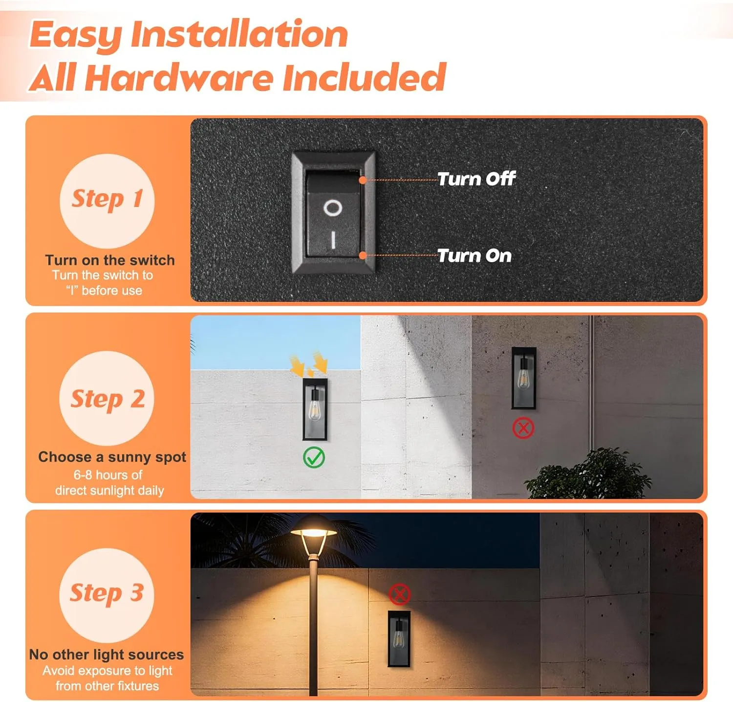 B04080PT 2-Pack Solar Wall Lights with Replaceable Bulb, Outdoor Solar-Powered Lantern with Dusk-to-Dawn Sensor, LED Sconce Metal Exterior for Front Porch, Security Lamps for Patio Fence Garage, Bulbs Included - Image 4