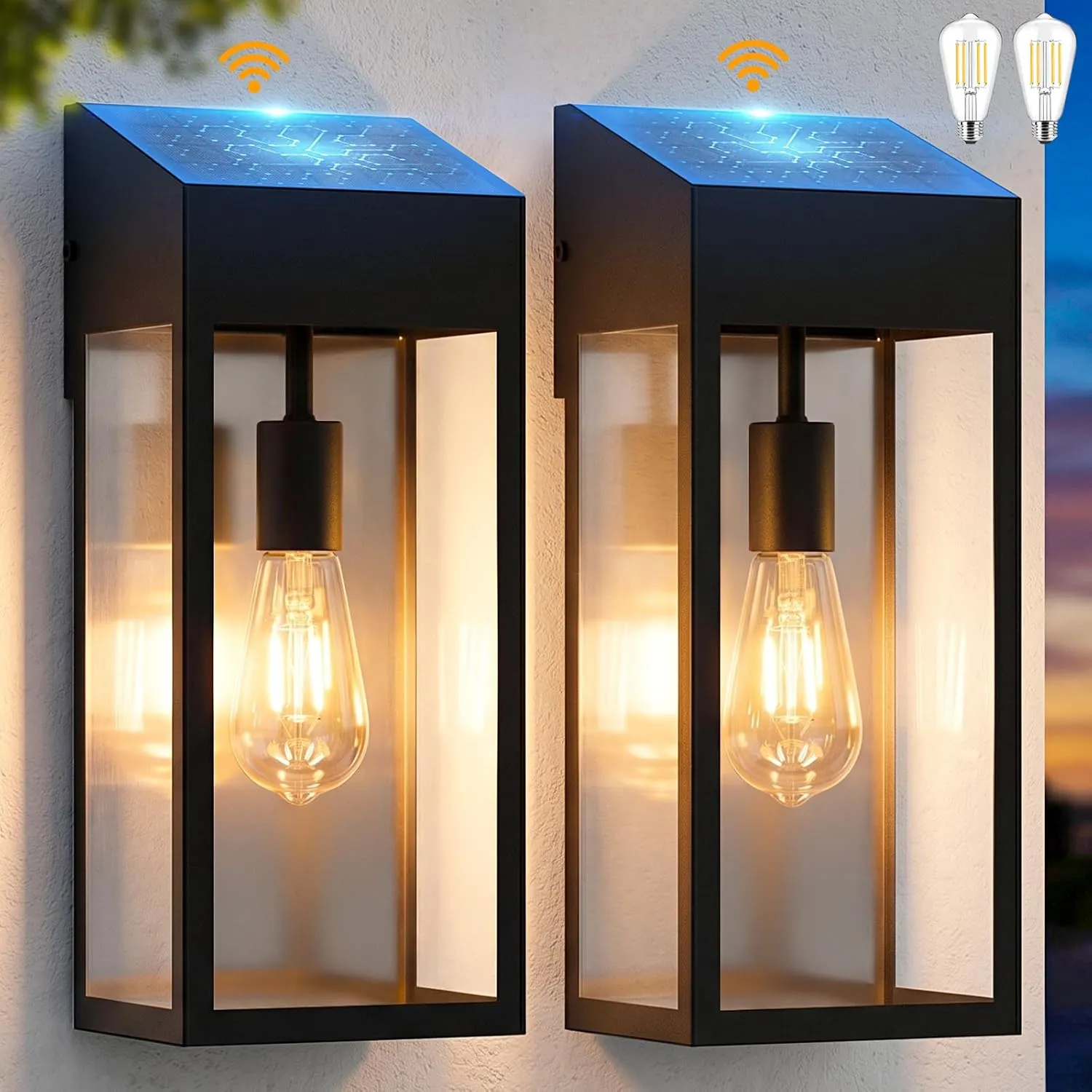 B06176PT 2PK Large Solar Porch Lights Outdoor Included E26 Bulbs, 15” Dusk to Dawn Outdoor Lighting IP65 Waterproof Modern Black Exterior Light Fixtures Solar for Garage Courtyard Patio, 3000K