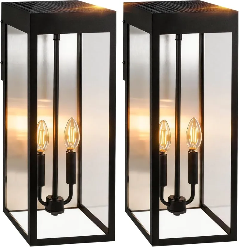 B08060PT 2-Pack 20" Large Outdoor Solar Wall Lights With Dusk to Dawn Sensor, 8000mAh Metal Modern Outside Wall Sconce with Tempered Glass for House, Exterior Porch Lamps Wall Mount,E12 Bulbs Included
