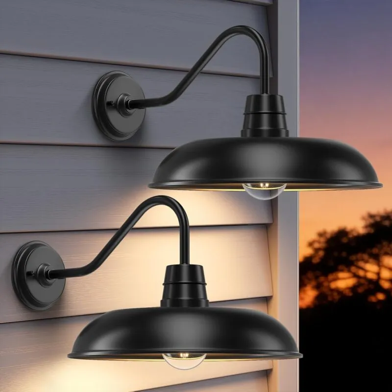 B12027P 2 Packs Farmhouse Barn Gooseneck Light Fixture, 12inch Outdoor Barn Lights for House, Black Exterior Wall Mount Lighting, Waterproof Industrial Porch Sconces for Garage Front Door Patio Shed