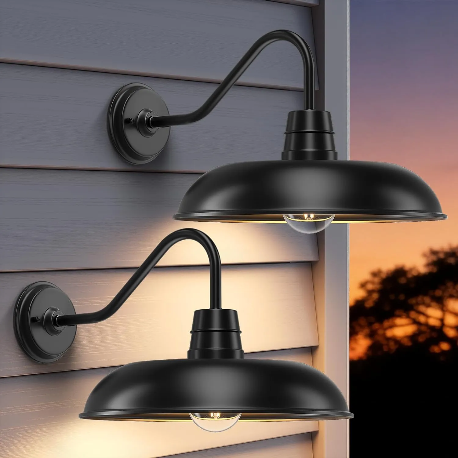 B12027P 2 Packs Farmhouse Barn Gooseneck Light Fixture, 12inch Outdoor Barn Lights for House, Black Exterior Wall Mount Lighting, Waterproof Industrial Porch Sconces for Garage Front Door Patio Shed