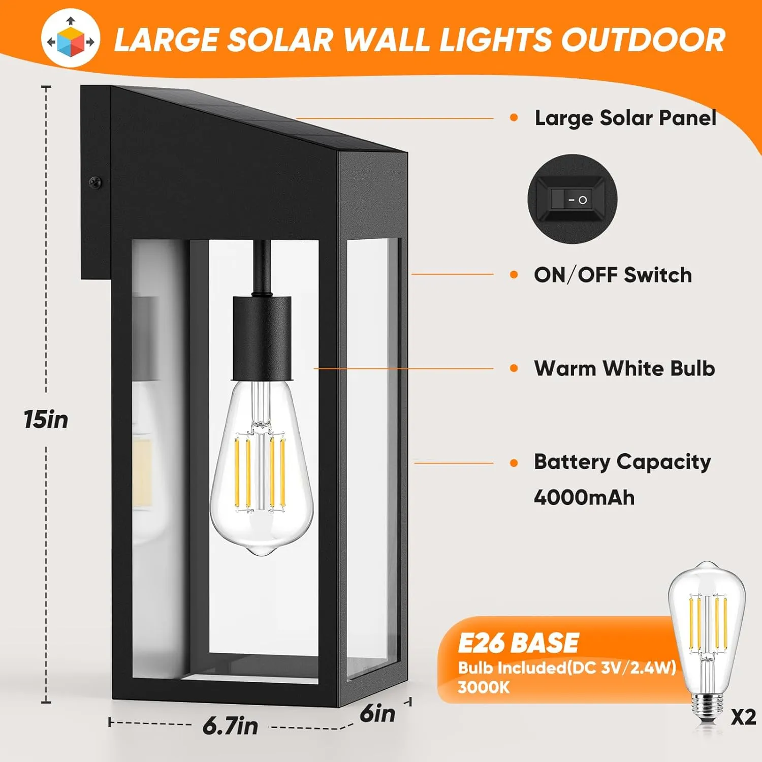 B06176PT 2PK Large Solar Porch Lights Outdoor Included E26 Bulbs, 15” Dusk to Dawn Outdoor Lighting IP65 Waterproof Modern Black Exterior Light Fixtures Solar for Garage Courtyard Patio, 3000K - Image 4