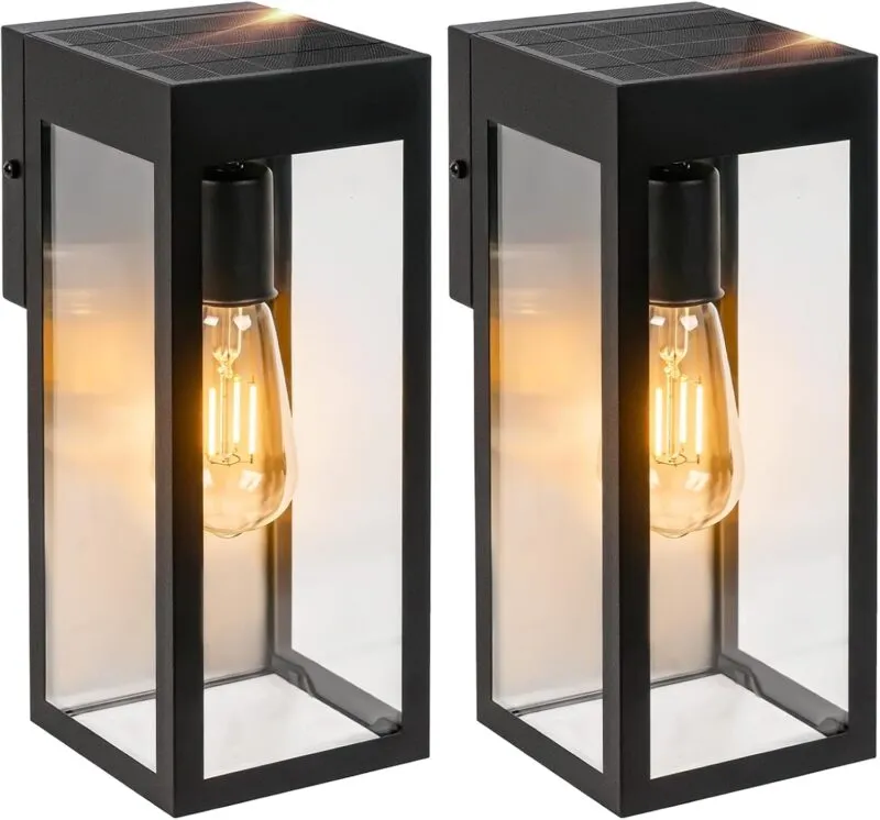 B04080PT 2-Pack Solar Wall Lights with Replaceable Bulb, Outdoor Solar-Powered Lantern with Dusk-to-Dawn Sensor, LED Sconce Metal Exterior for Front Porch, Security Lamps for Patio Fence Garage, Bulbs Included