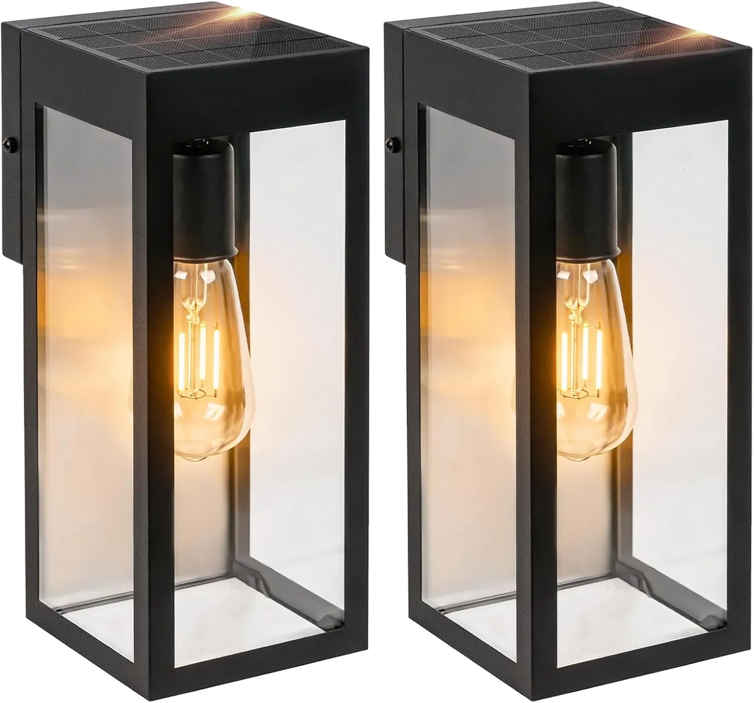 B04080PT 2-Pack Solar Wall Lights with Replaceable Bulb, Outdoor Solar-Powered Lantern with Dusk-to-Dawn Sensor, LED Sconce Metal Exterior for Front Porch, Security Lamps for Patio Fence Garage, Bulbs Included