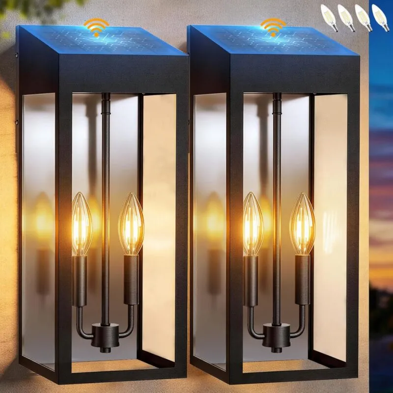 B08061PT Extra Large Solar Wall Lights Outdoor, 20 Inch Dusk to Dawn Outdoor Lights for House IP65 Waterproof, Black Exterior Lights with Tempered Glass Patio Coach Light, Included E12 Bulbs×4