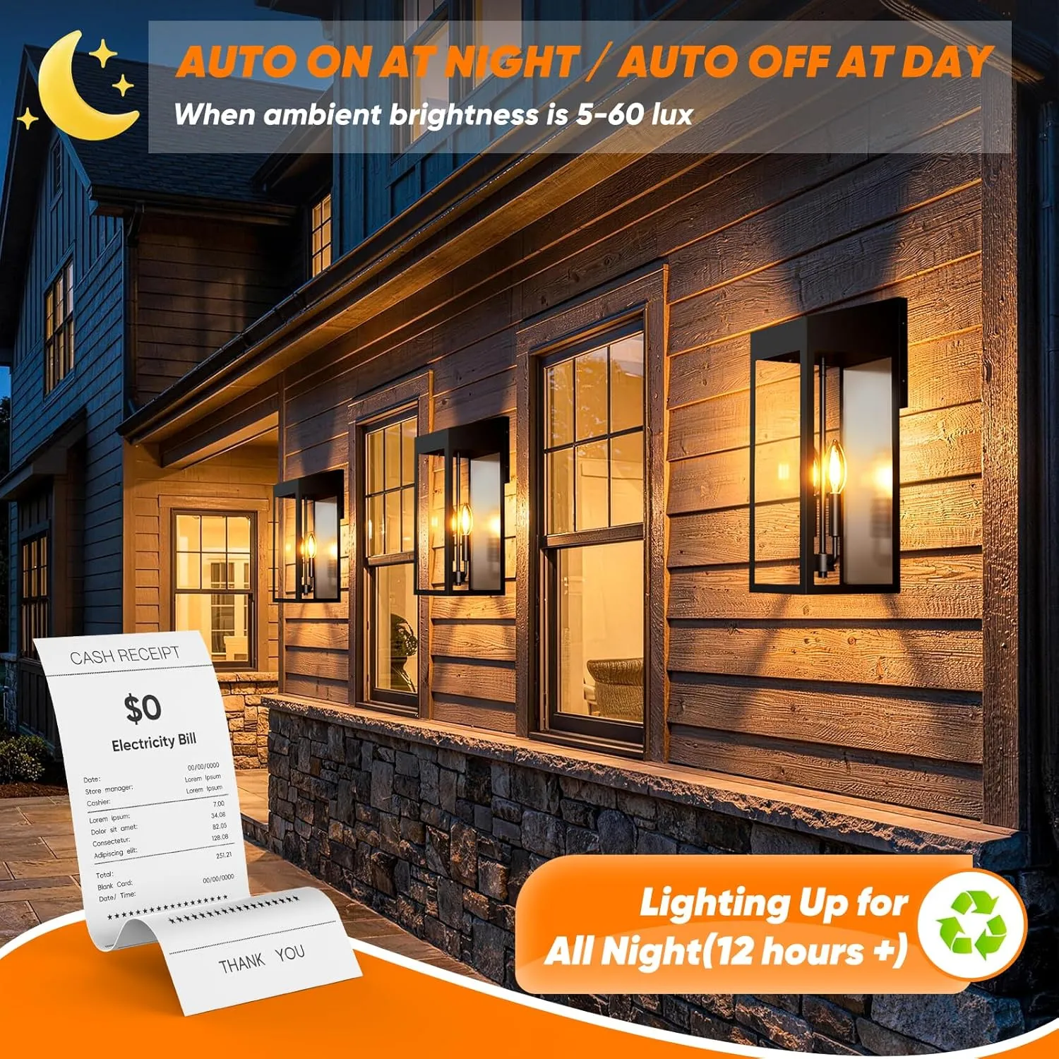B08061PT Extra Large Solar Wall Lights Outdoor, 20 Inch Dusk to Dawn Outdoor Lights for House IP65 Waterproof, Black Exterior Lights with Tempered Glass Patio Coach Light, Included E12 Bulbs×4 - Image 4