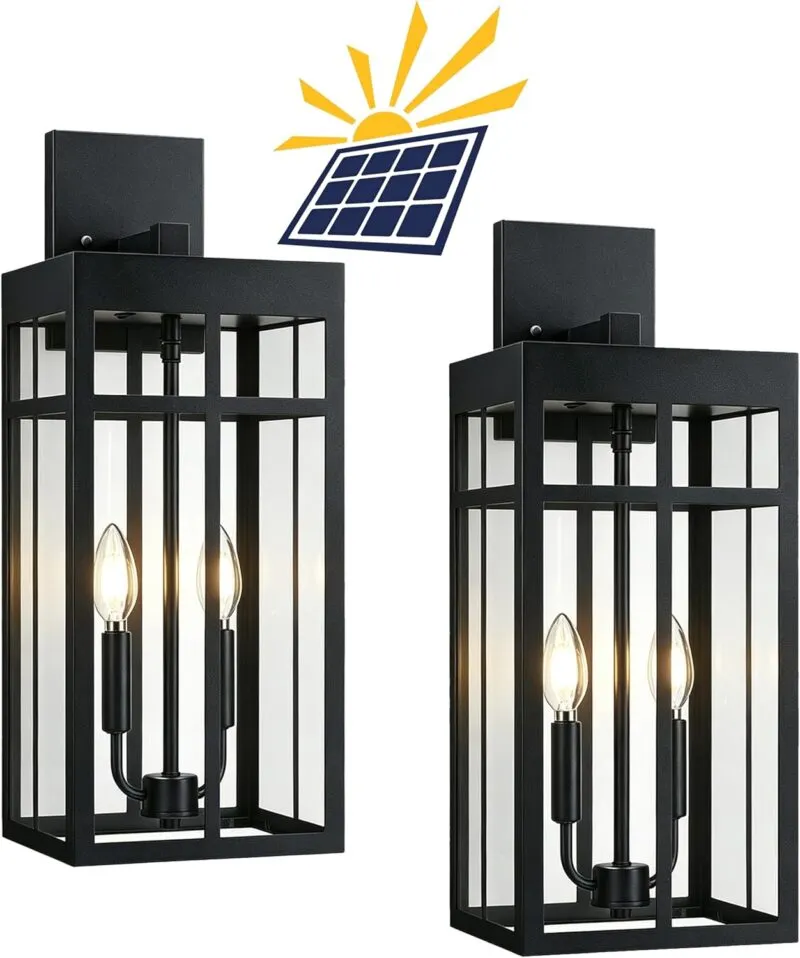 B08059PT 2 Pack Solar Outdoor Wall Lights, 21" Large Dusk to Dawn Exterior Lighting Fixtures, Black Porch Light Lantern Wall Mount, Waterproof Modern Outside Light, Solar Powered for House Patio Garage