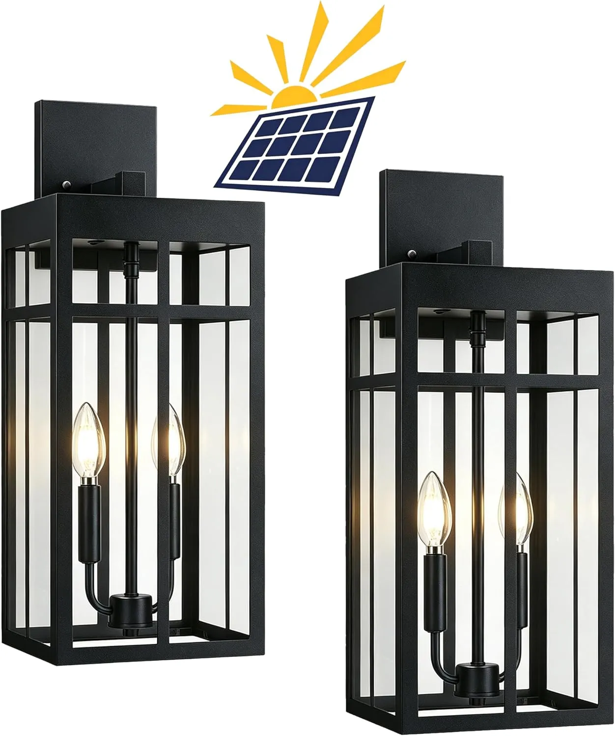B08059PT 2 Pack Solar Outdoor Wall Lights, 21" Large Dusk to Dawn Exterior Lighting Fixtures, Black Porch Light Lantern Wall Mount, Waterproof Modern Outside Light, Solar Powered for House Patio Garage