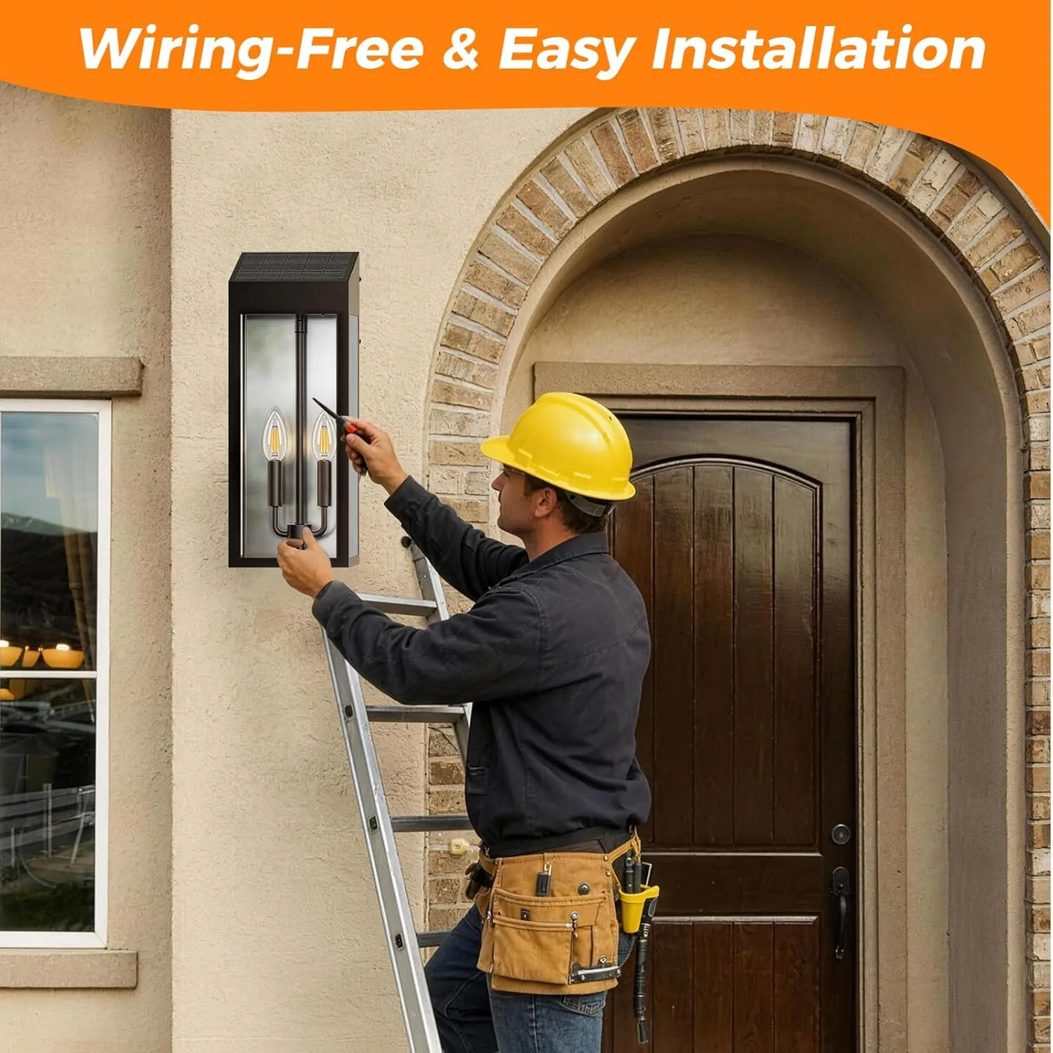 B08061PT Extra Large Solar Wall Lights Outdoor, 20 Inch Dusk to Dawn Outdoor Lights for House IP65 Waterproof, Black Exterior Lights with Tempered Glass Patio Coach Light, Included E12 Bulbs×4 - Image 9