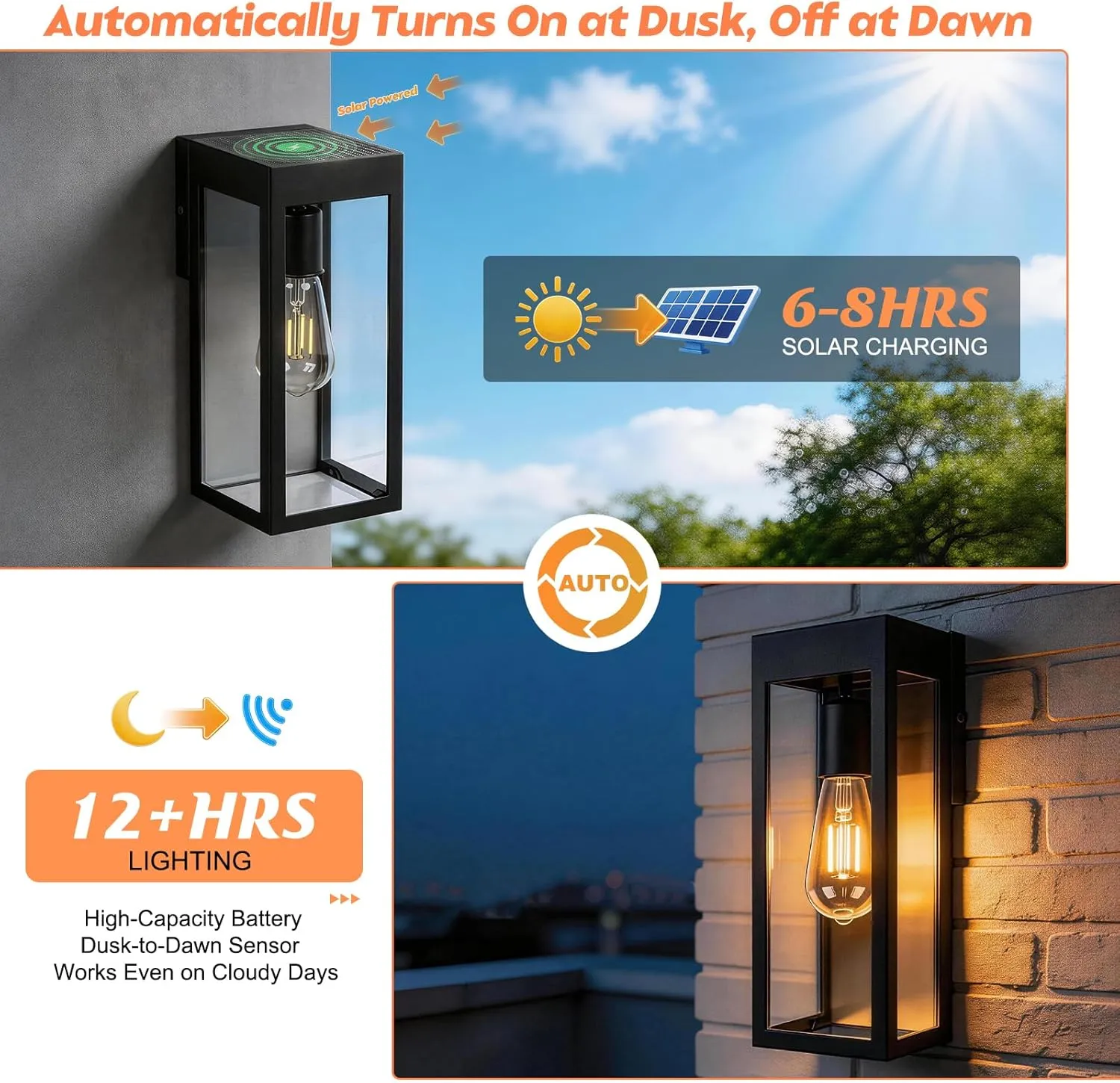 B04080PT 2-Pack Solar Wall Lights with Replaceable Bulb, Outdoor Solar-Powered Lantern with Dusk-to-Dawn Sensor, LED Sconce Metal Exterior for Front Porch, Security Lamps for Patio Fence Garage, Bulbs Included - Image 5
