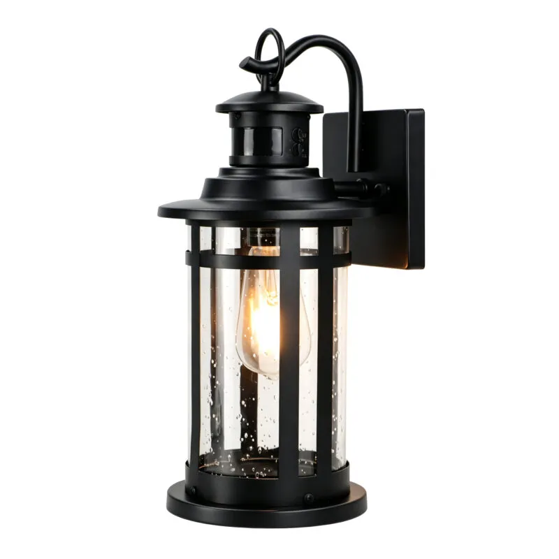 B06169PG Motion Sensor Outdoor Wall Lights 2 Packs Dusk to Dawn Outdoor Lighting | Hardwired Exterior Light Sconces with E26 Sockets & Tempered Glass, Wall Mounted Black Waterproof Outdoor Lights for House