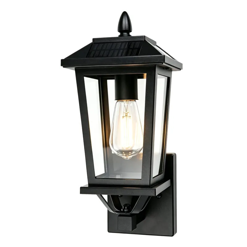 B06161PT Solar Sconce Lights Outdoor Included E26 Bulbs 2 Pack | Solar Wall Lights Outdoor, IP65 Waterproof, Modern Black Dusk to Dawn Solar Porch Lights, for Garage Courtyard Patio