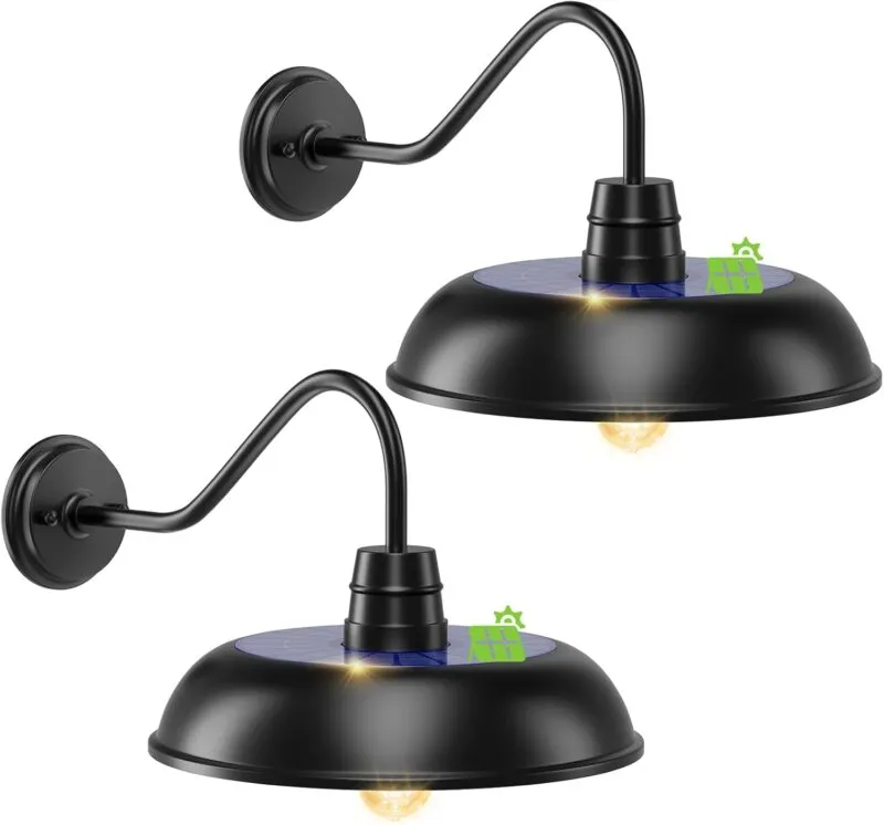 B14003PT 14" Large Solar Barn Lights for Outside, Dusk to Dawn Gooseneck Barn Light Outdoor, 6000mAh Black Outside Wall Mount Light, Waterproof Farmhouse Outdoor Wall Sconces for Porch Garage Shed, 2-Pack