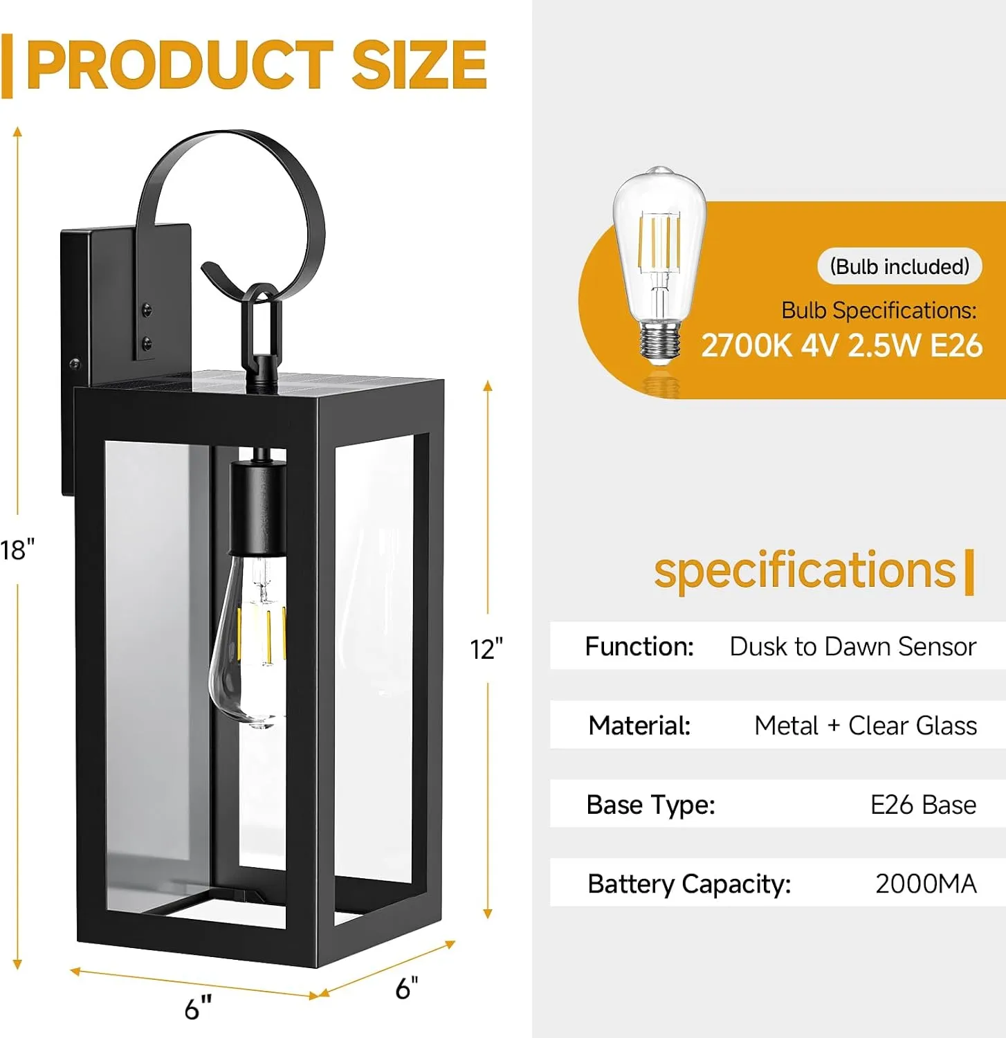 B06190PT WL512B-BK 18" Solar Wall Lights Outdoor 2 Packs, Dusk to Dawn Outdoor Light Fixture Wall Mount, Black Solar Porch Light with Clear Glass, Waterproof Outside Lights for House Porch Garage - Image 3