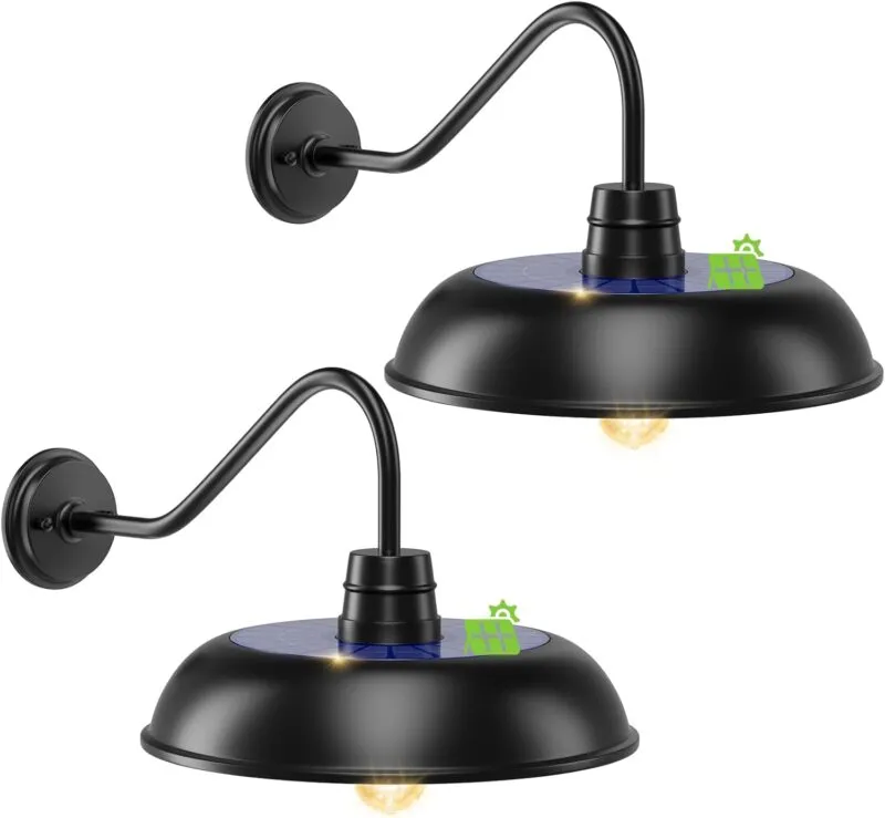 B16005PT 16" Extra Large Solar Barn Light for Outside, Dusk to Dawn Gooseneck Barn Light, 6000mAh Solar Powered Farmhouse Exterior Wall Sconce, Waterproof Rustic Barn Lantern for House Garage Porch, 2 Pack
