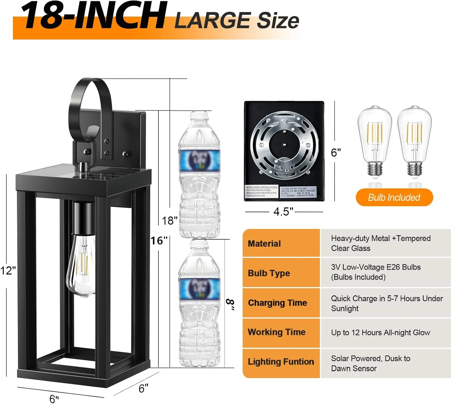 B06183PT WL224B-BK 18" Large Solar Porch Lights Outdoor 2-Pack, Dusk to Dawn Solar Wall Sconce, Anti-Rust Waterproof Exterior Lanterns for House, Outside Garage Wall Mount Lighting Fixture with Bulbs, Matte Black - Image 2