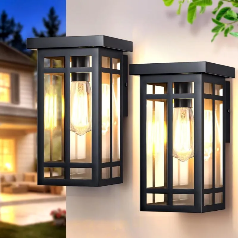 B06180PT WL326B-BK Solar Porch Lights Outdoor 2 Packs, 11'' Black Dusk to Dawn Outdoor Lighting Modern Wall Sconce Lantern, Modern Exterior Lighting Fixtures, Waterproof Outside lights for House, Garage, Front Porch