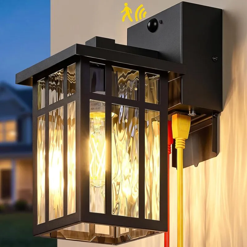B05106GPG Motion Sensor Outdoor Wall Light with GFCI Outlet, Exterior Lighting Fixture Porch Wall Lantern, 3 Lighting Modes, Matte Black Wall Sconce Waterproof, Outside Light for House Patio Garage