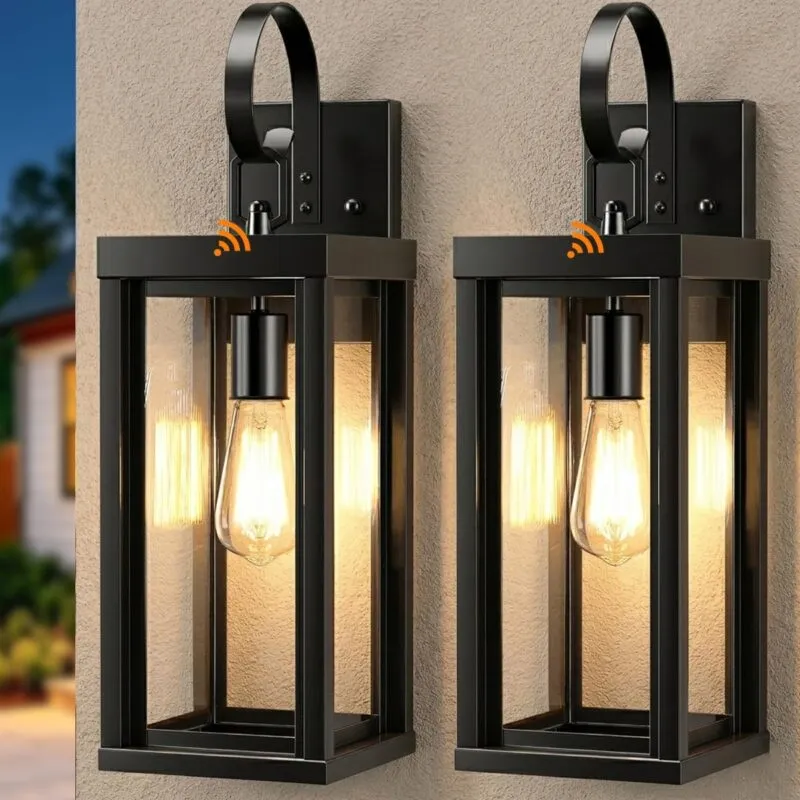B06183PT WL224B-BK 18" Large Solar Porch Lights Outdoor 2-Pack, Dusk to Dawn Solar Wall Sconce, Anti-Rust Waterproof Exterior Lanterns for House, Outside Garage Wall Mount Lighting Fixture with Bulbs, Matte Black