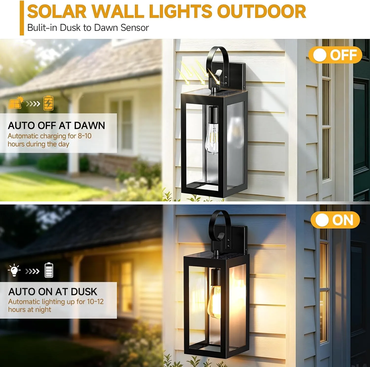 B06190PT WL512B-BK 18" Solar Wall Lights Outdoor 2 Packs, Dusk to Dawn Outdoor Light Fixture Wall Mount, Black Solar Porch Light with Clear Glass, Waterproof Outside Lights for House Porch Garage - Image 4