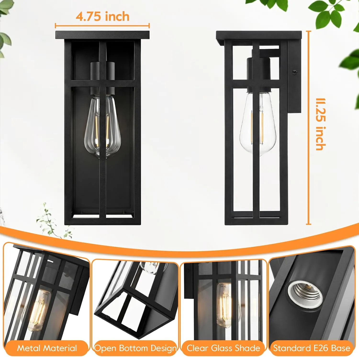 B05107P Outdoor Wall Light Fixtures, Exterior Waterproof Porch Wall Lanterns, Matte Black Wall Sconces with Clear Glass Shade, Modern Outside Lights for House Front Door Patio Garage, 2-Pack - Image 5