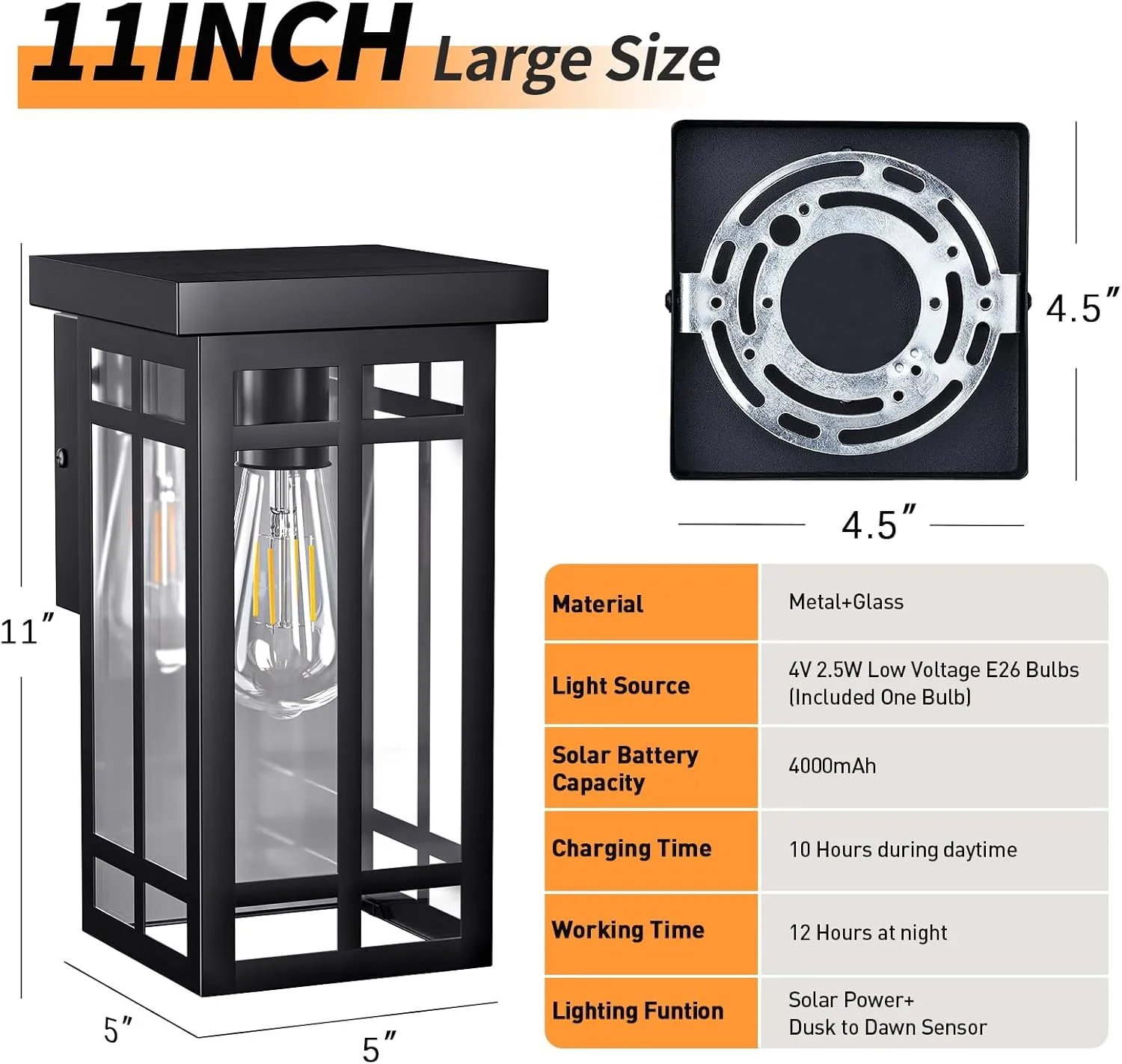 B06180PT WL326B-BK Solar Porch Lights Outdoor 2 Packs, 11'' Black Dusk to Dawn Outdoor Lighting Modern Wall Sconce Lantern, Modern Exterior Lighting Fixtures, Waterproof Outside lights for House, Garage, Front Porch - Image 4