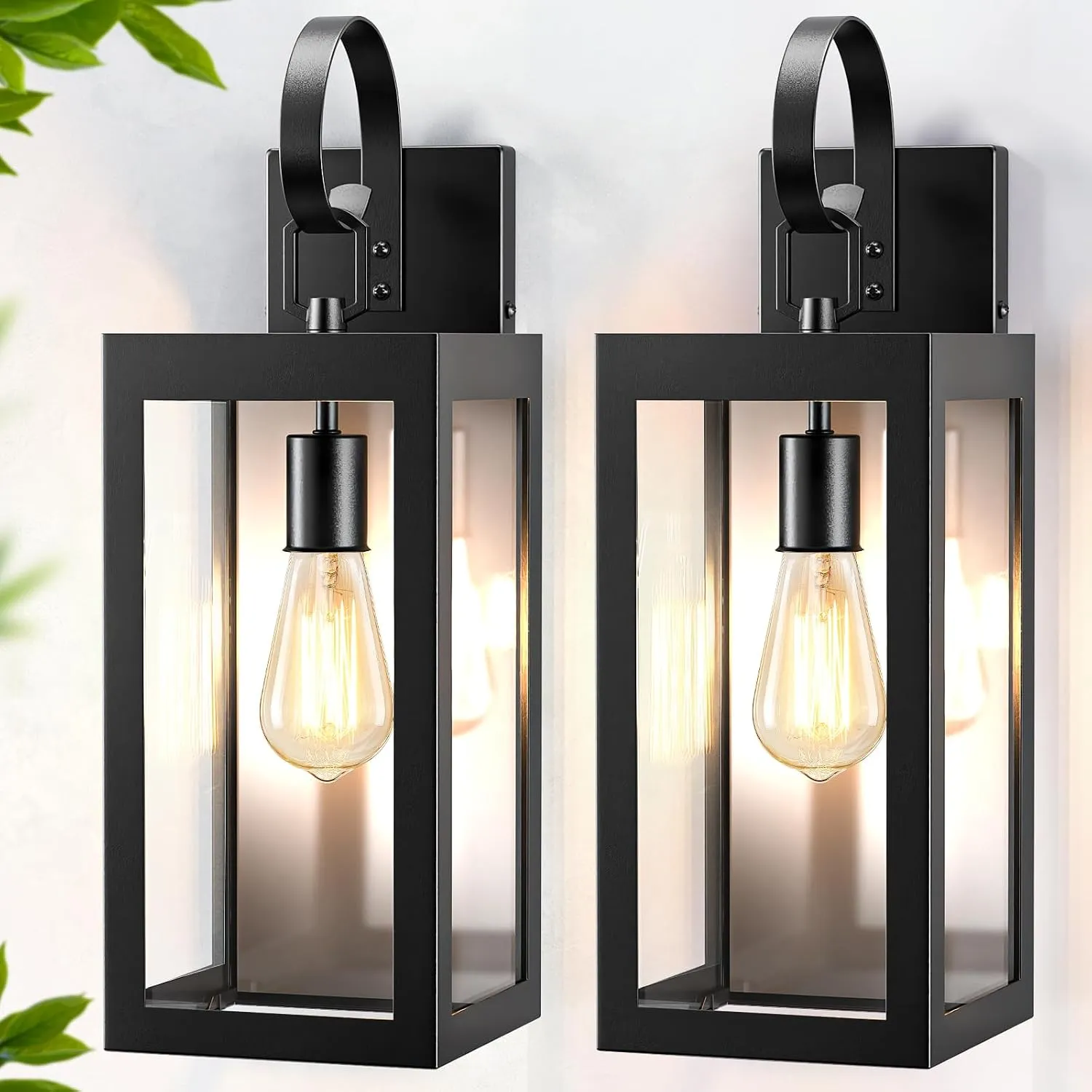 B06190PT WL512B-BK 18" Solar Wall Lights Outdoor 2 Packs, Dusk to Dawn Outdoor Light Fixture Wall Mount, Black Solar Porch Light with Clear Glass, Waterproof Outside Lights for House Porch Garage