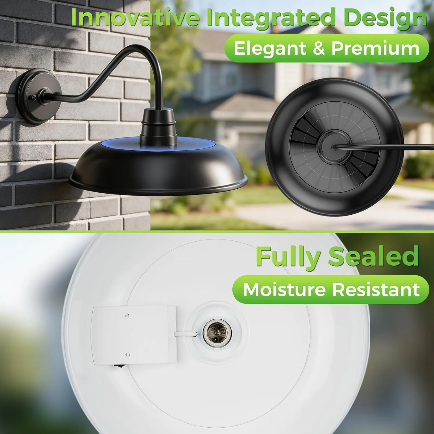 B14003PT 14" Large Solar Barn Lights for Outside, Dusk to Dawn Gooseneck Barn Light Outdoor, 6000mAh Black Outside Wall Mount Light, Waterproof Farmhouse Outdoor Wall Sconces for Porch Garage Shed, 2-Pack - Image 2